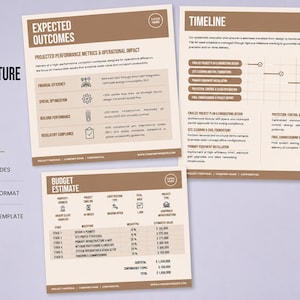 May include: A professional infrastructure project proposal template in A4 portrait format with 13 editable PowerPoint slides. The document features sections for expected outcomes, a project timeline, and a budget estimate with tables and icons.