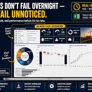 May include: A laptop screen displaying a project management dashboard with the text Projects Don't Fail Overnight—They Fail Unnoticed. The interface includes a cost breakdown pie chart, a waterfall cost performance graph, and an earned value management line chart.