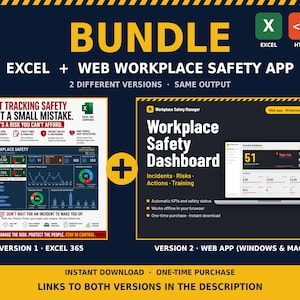 Workplace Safety Dashboard Bundle, Excel + Web App, Hse Kpi Tracker, Incident Tracker, Risk Register, Trir Ltifr, Safety Management