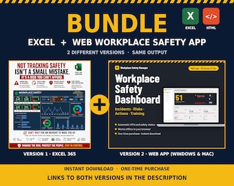 Workplace Safety Dashboard Bundle, Excel + Web App, Hse Kpi Tracker, Incident Tracker, Risk Register, Trir Ltifr, Safety Management