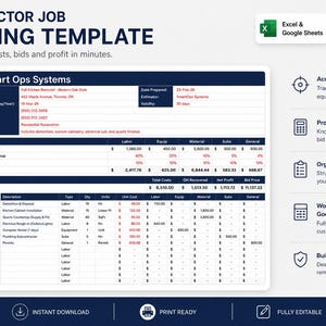 Contractor  | Builders Job Costing Worksheet | Excel, Google Sheets Budget Spreadsheet