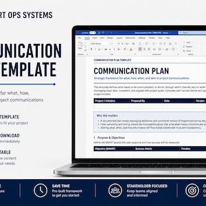 May include: A digital communication plan template for Microsoft Word displayed on a laptop screen. The document features sections for project initiatives, purpose, and objectives. The layout includes text headers, tables, and bullet points for strategic planning.