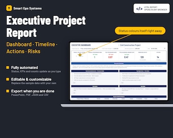 Executive Project Report Dashboard HTML | Construction Project Status Report, KPI, Timeline, Risk Matrix | Export pptx, pdf | Desktop