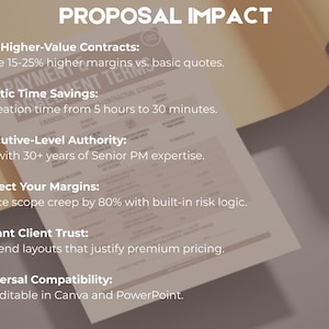 May include: A document titled "PROPOSAL IMPACT" with bullet points detailing benefits like higher-value contracts and time savings. The document is on a light-coloured surface with a neutral background. Text includes "Payment Terms" and "Financial Contractual Standards."