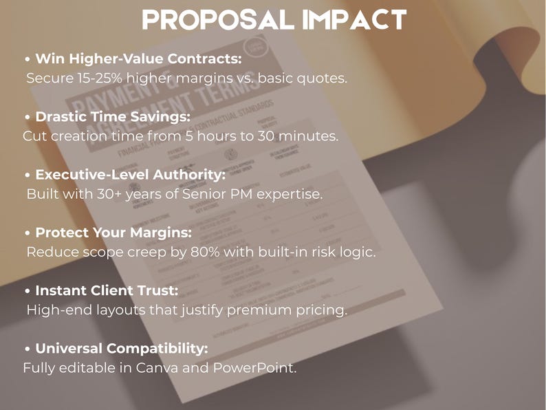 May include: A document titled "PROPOSAL IMPACT" with bullet points detailing benefits like higher-value contracts and time savings. The document is on a light-coloured surface with a neutral background. Text includes "Payment Terms" and "Financial Contractual Standards."