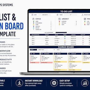 May include: A digital Excel template for a to-do list and Kanban board displayed on a laptop screen. The interface features task descriptions, priority levels, status indicators, and project management metrics with blue and white text headers.