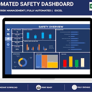 Puede incluir: Una pantalla de portátil que muestra un panel de control de seguridad automatizado con visualizaciones de datos. El panel incluye gráficos e indicadores clave de rendimiento relacionados con las métricas de seguridad. El texto en la pantalla dice "Automated Safety Dashboard".