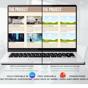 May include: A laptop screen shows a project template titled "THE PROJECT." The display presents a comparison of a filled-in project guide and a ready-to-use template. Text at the bottom advertises features such as "FULLY EDITABLE IN Canva" and "READY-TO-USE TEMPLATE FOR USE."