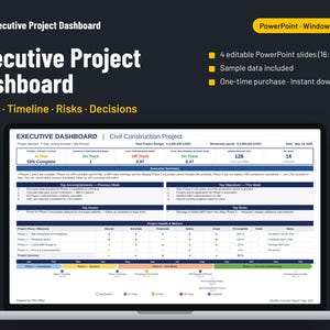 May include: An Executive Project Dashboard template for PowerPoint on a laptop screen. The dashboard displays civil construction project data, including status, timeline, risks, and decisions, with charts, tables, and a project health metrics section.