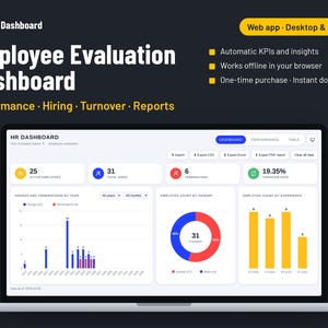 May include: A digital HR Dashboard displayed on a laptop screen, featuring data visualisations including a bar chart for hirings and terminations, a donut chart for employee gender distribution, and a bar graph for employee count by experience level.
