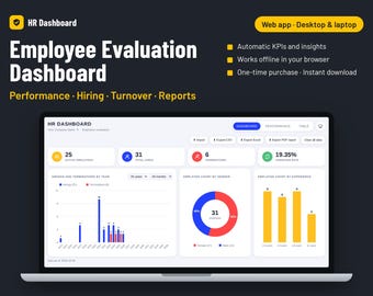 Tableau de bord d'évaluation des employés | Suivi des performances RH, indicateurs clés de performance (KPI) relatifs au roulement du personnel et au recrutement | Importation et exportation de PDF | Application web à télécharger