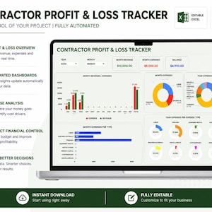 May include: A laptop displaying a "Contractor Profit & Loss Tracker" with financial data visualizations. The screen shows charts, graphs, and numerical data, including revenue, expenses, and profit. The text includes "Fully Automated" and "Instant Download".
