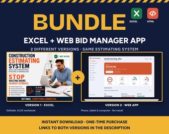 Contractor Bid Bundle | Construction Estimating Excel + Web App | Estimate, Markup, Bid Comparison & Proposal | Instant Download