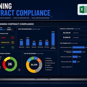 May include: A laptop screen displays a data-driven dashboard titled "TRAINING CONTRACT COMPLIANCE." The interface shows financial data, compliance metrics, and cost breakdowns, with a Microsoft Excel logo in the top right corner.