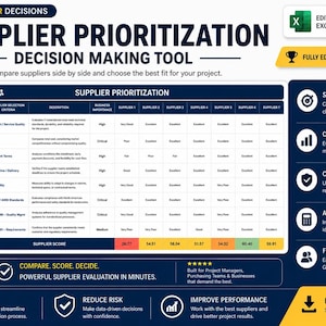 May include: A digital supplier prioritisation decision-making tool template featuring a comparison matrix for seven suppliers. The chart includes columns for criteria, business importance, and scores, with a bottom row for total supplier scores.