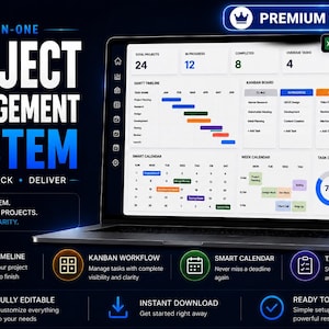 Puede incluir: Una pantalla de portátil que muestra un sistema de gestión de proyectos todo en uno para Microsoft Excel. El panel incluye una línea de tiempo de Gantt, un tablero Kanban, un calendario inteligente y una visión general de tareas con gráficos.