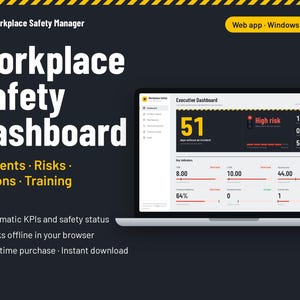 May include: A laptop screen displaying the Workplace Safety Manager dashboard with an executive summary, high-risk alerts, and key performance indicators. The interface features a dark theme with yellow accents, showing data for incidents, risks, actions, and training.