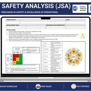 Puede incluir: Una computadora portátil muestra un formulario de Análisis de Seguridad en el Trabajo (JSA). El formulario incluye secciones para la actividad laboral, el equipo de desarrollo e instrucciones. La pantalla muestra una matriz de evaluación de riesgos y un diagrama de fuentes de energía.
