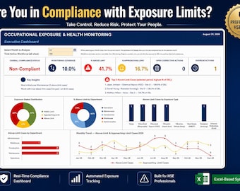 Fichier Excel de surveillance de l'exposition professionnelle | Suivi de l'hygiène industrielle, Tableau de bord de conformité aux VLEP, Registre d'exposition des travailleurs