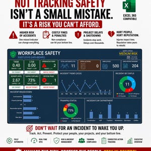 May include: A workplace safety executive dashboard infographic featuring Excel 365 compatibility. It displays metrics like TRIR, LTIR, incident trends, and training status. The text reads: Not tracking safety isn't a small mistake. It's a risk you can't afford.