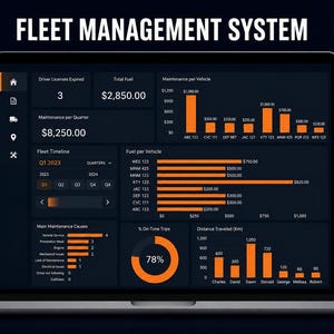 Puede incluir: Una pantalla de portátil que muestra un panel de control del sistema de gestión de flotas. La interfaz muestra visualizaciones de datos, incluidos gráficos, con información sobre combustible, mantenimiento y rendimiento del vehículo. El texto "FLEET MANAGEMENT SYSTEM" está en la parte superior.