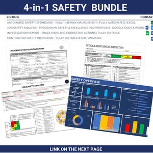 Puede incluir: Imagen de un paquete de seguridad 4 en 1 con el texto "4-in-1 SAFETY BUNDLE". La imagen incluye documentos para paneles de seguridad automatizados, análisis de seguridad laboral, informes de investigación e inspecciones de seguridad de contratistas.
