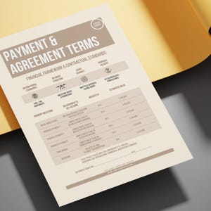 May include: A document titled "PAYMENT & AGREEMENT TERMS" with a light brown header and a white background. The document includes sections for payment structure, scope changes, and estimated value. The document is on a yellow and grey surface.