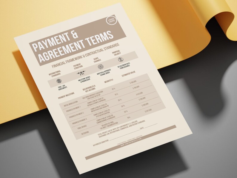 May include: A document titled "PAYMENT & AGREEMENT TERMS" with a light brown header and a white background. The document includes sections for payment structure, scope changes, and estimated value. The document is on a yellow and grey surface.