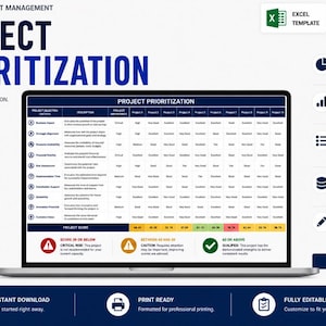May include: A laptop screen displays a project prioritization template with a blue and white color scheme. The text "PROJECT PRIORITIZATION" is prominently displayed. Additional icons and text describe features like "Instant Download" and "Print Ready."