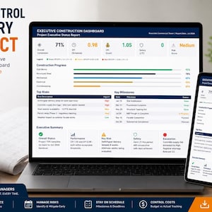 May include: A PowerPoint template for an executive construction dashboard displayed on a laptop and tablet screen. The dashboard features project status, construction progress bars, risk assessments, and key milestones in a professional layout.
