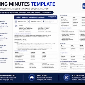 May include: A blue and white Meeting Minutes Template for project management. The template includes sections for agenda, minutes, action items, discussion highlights, and risk log. It is designed for clear meetings and better project outcomes.