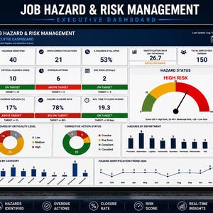 May include: A laptop screen displaying a Job Hazard & Risk Management Executive Dashboard in Microsoft Excel. The interface features data tables, a high-risk gauge, pie charts for hazard criticality and corrective action status, and a trend line graph.