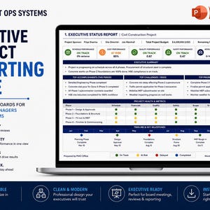 Op de afbeelding: Een laptopscherm met een Executive Project Reporting Suite-dashboard voor civiele bouw. De interface bevat een samenvatting, projectgezondheidsstatistieken en een tijdlijn met mijlpalen die doorlopen tot november 2025.