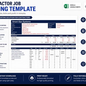 May include: A blue and white Contractor Job Costing Template with the text "CONTRACTOR JOB COSTING TEMPLATE". The template includes sections for accurate job costing, profit calculation, and organized layout. It works in Excel & Google Sheets.