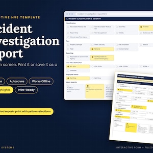 Puede incluir: Una plantilla HSE interactiva para un informe de investigación de incidentes que presenta un formulario digital con resaltados amarillos, casillas de verificación y secciones para clasificación, gravedad y reporte de incidentes.