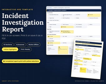 Modèle de rapport d'enquête sur incident, formulaire HTML interactif, rapport d'accident, incident évité de justesse, analyse des causes profondes, document PDF imprimable HSE