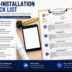May include: A clipboard with a pre-installation conference form, a tablet, a rolled blueprint, and a yellow tape measure. The form includes sections for logistics, site preparation, safety, and administration. The text "PRE-INSTALLATION CHECK LIST" is at the top.