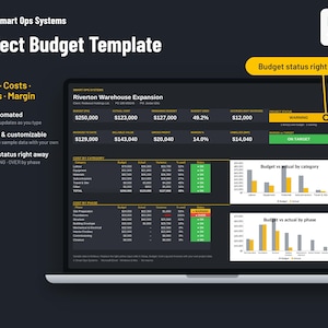 Può includere: Un modello digitale di budget di progetto visualizzato su uno schermo di un portatile, con monitoraggio finanziario automatizzato, categorie di costo e analisi per fasi. La dashboard include grafici per i dati di budget rispetto a quelli effettivi.