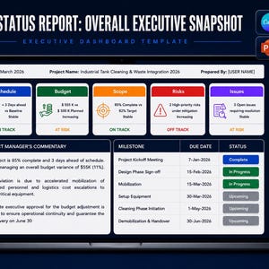 Peut inclure: Un écran d'ordinateur portable affiche un rapport d'état du projet intitulé "Project Status Report: Overall Executive Snapshot". Le rapport comprend des sections pour l'échéancier, le budget, la portée, les risques et les problèmes, ainsi qu'une chronologie des jalons.