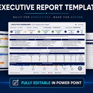 May include: Executive Report Template with the text "Built for Executives, Made for Action." The dashboard shows project details, including schedule, cost, and safety performance. The template is fully editable in PowerPoint.