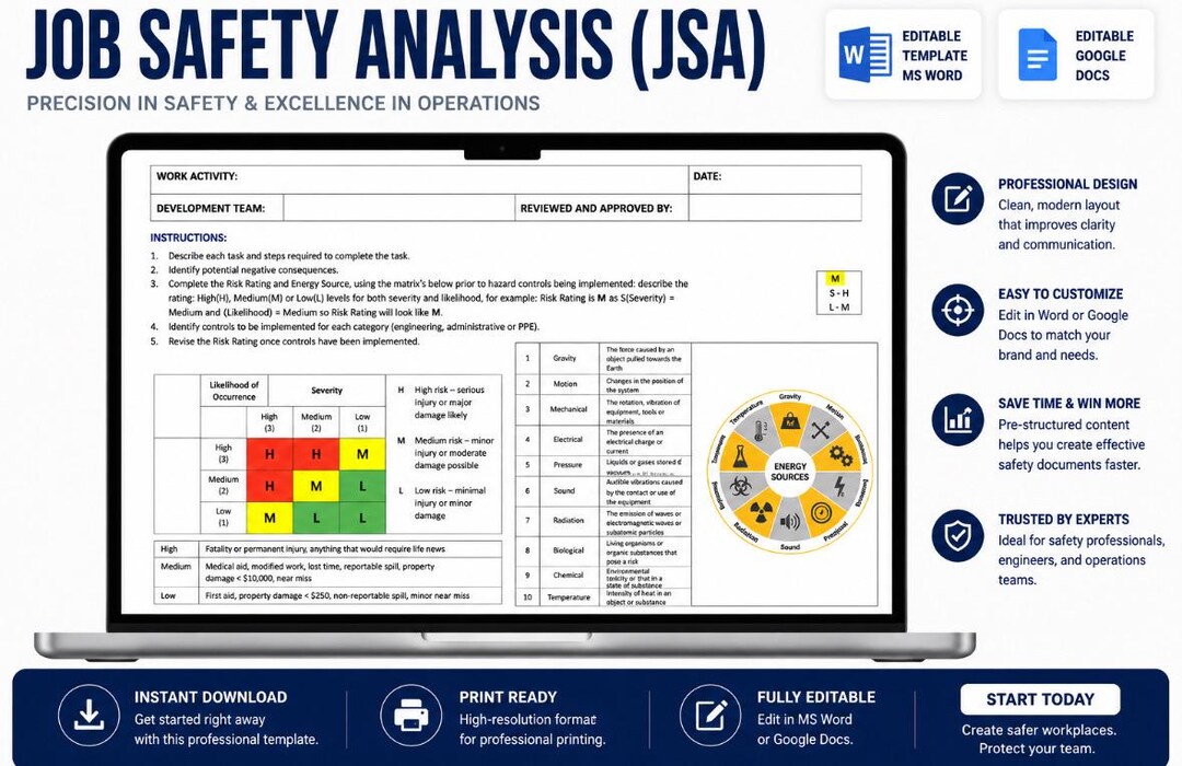 Jsa Risk Chart Job Safety Analysis (JSA) Template | Safety Workplace | Risk Management ...