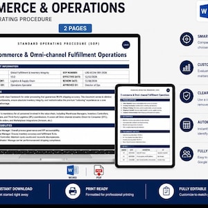 May include: A digital document titled "E-commerce & Omni-channel Fulfillment Operations" displayed on a laptop and tablet. The document is a standard operating procedure with a blue and white design, offering features like smart decision-making and automated scoring.