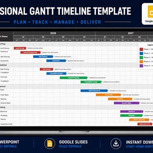May include: A laptop displays a professional Gantt timeline template. The screen shows a project schedule with tasks, timelines, and color-coded progress bars. The template is for Google Slides and PowerPoint, with an instant download option.