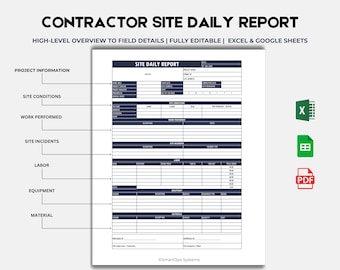 Contractor Site Daily Report Template | Construction Log (Excel, Google Sheets, PDF)