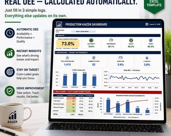 Modèle Excel de tableau de bord OEE | Suivi de la production Kaizen | Indicateurs clés de performance (KPI) pour la production au plus juste, temps d'arrêt et analyse de Pareto