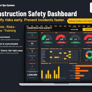 Pode incluir: Um painel digital de segurança na construção exibido na tela de um laptop, apresentando KPIs automatizados, mapas de calor de incidentes e gráficos de tendências. A interface inclui rótulos de texto como Construction Safety, com um tema escuro e indicadores de status codificados por cores para métricas de segurança.