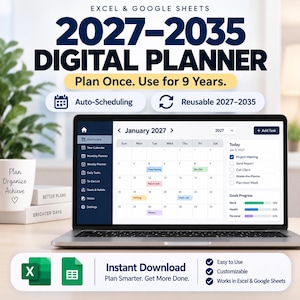 Può includere: Un pianificatore digitale per Excel e Google Sheets per gli anni 2027-2035. Lo schermo mostra un'interfaccia di calendario di gennaio 2027 con dashboard, elenco attività e barre di avanzamento. Il testo include "Plan Once. Use for 9 Years."