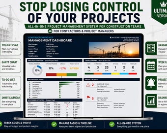 Construction Project Tracker Excel | Gantt, Kanban, Budget Dashboard (Digital Download)