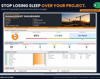 Modèle Excel de gestion de projet de construction | Diagramme de Gantt, Kanban, Tableau de bord et contrôle des coûts | Outil de suivi de projet pour les entrepreneurs