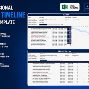 May include: A professional Gantt timeline Excel template with a dark blue background. The template includes automated Gantt timeline, reference to today's date, project progress bar, and smart & configurable features. The image also shows two worksheets: Project Plan and Gantt.
